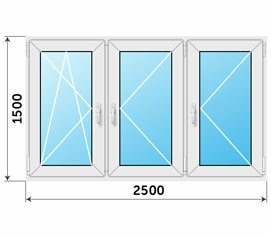 Окно три створки пластиковое 2500x1500 однокамерное
