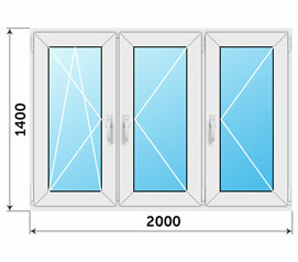 Окно из профиля Рехау одна камера 2000x1400 на 3 створки